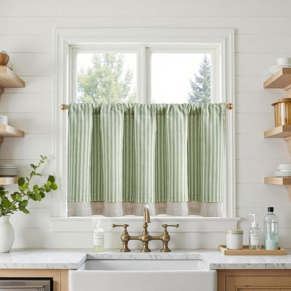 jinchan Double Layer Striped Linen Kitchen Tier Curtain Rustic Cafe for Living Room Bathroom Half Window Curtain Light Filtering Rod Pocket 1 Panel 24 Inch Sage Green