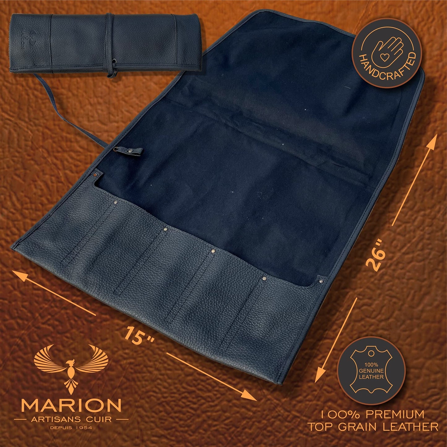 MARION - LA PETITE - Genuine Calf Top Grain Black Leather - Handcrafted Professional Chef's Knife Storage Roll Bag - 5 Pockets