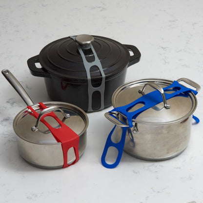 Lid Latch the reusable universal lid securing strap for crockpots, casserole dishes, pots, pans and more. Make it easy to transport your favorite dishes with one simple strap.