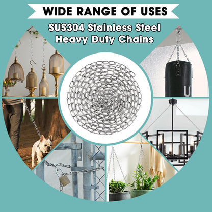 10 Feet SUS304 Stainless Steel Chain, Hanging Chain Link Light Duty Chain, Heavy Duty Hanging Chain for Home Outdoor Camping, Thickness 0.08 inches