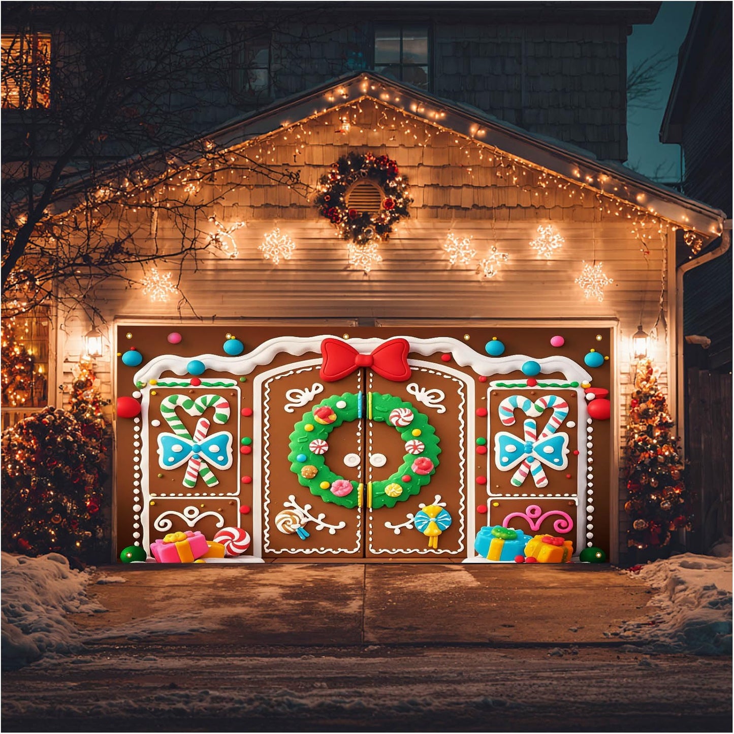 HOMETITUTE Christmas Garage Door Banner 13x6ft Gingerbread House Double Door Cover Candy Cane Backdrop Holiday Party Scene Winter Indoor Outdoor Sweet Wall Hanging Festive Gift Box Season