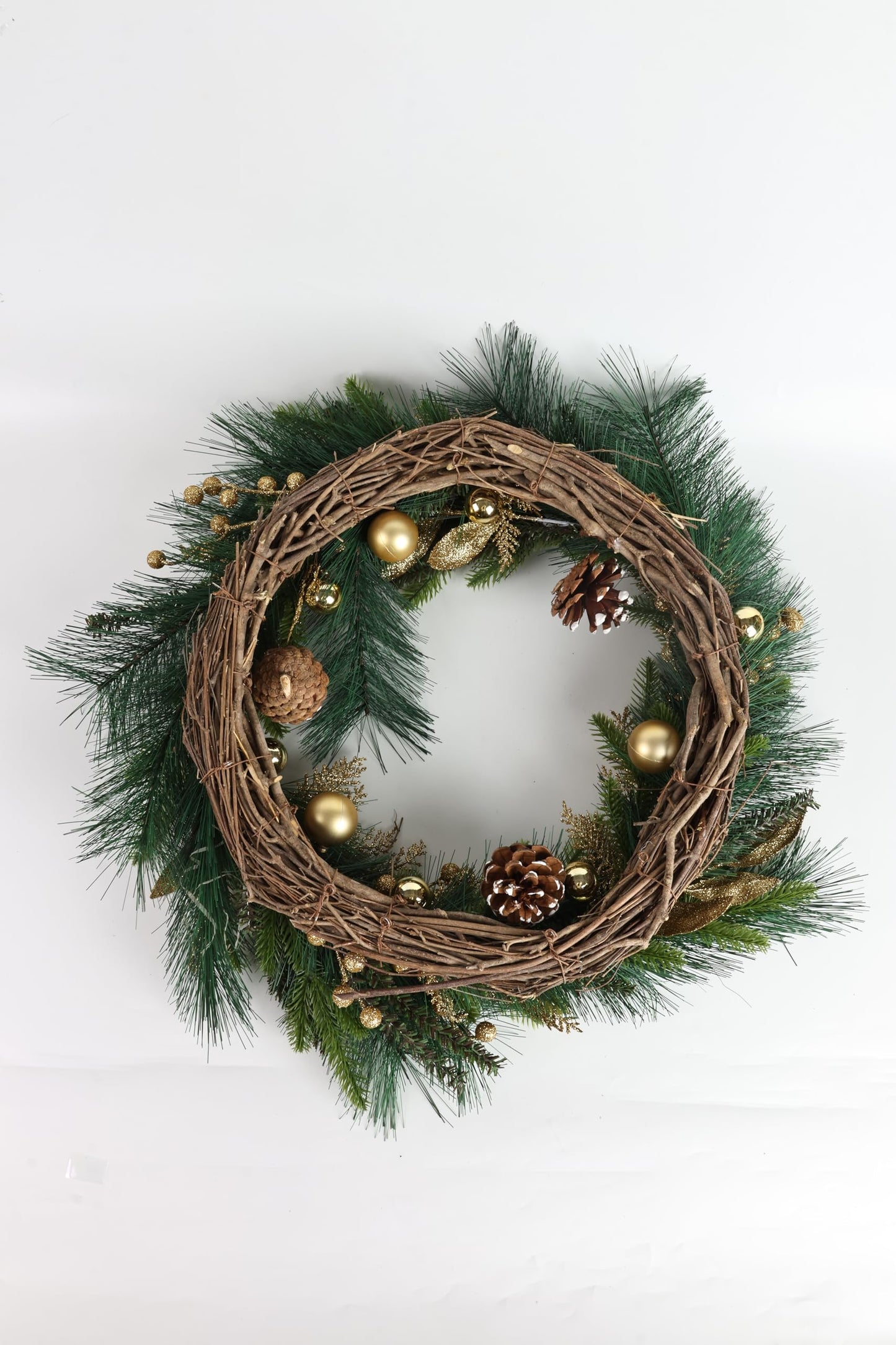 NeoL'artes 26inch Gold Wreath for Porch Front Door Mantle and Fireplace Wrapped Grapevine with Ornaments Snow Pinecones Winter Season Home Decor