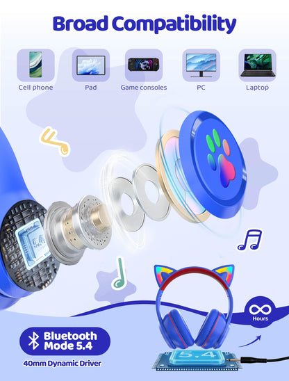 MIDOLA Kids Headphones Cat Ear Wireless Bluetooth 5.3 60H Over Ear, 8H with Led Light Foldable Headset with Aux 3.5mm Mic for Travel Pad Tablet Blue