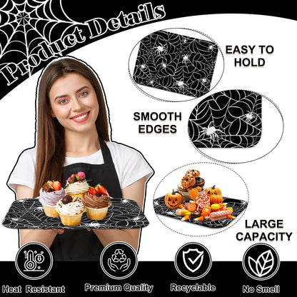 Whaline 3 Pcs Halloween Serving Trays Black White Spider Webs Reusable Melamine Trays Platters for Movie Night Birthday Holiday Party Food Supplies, 10 x 13 Inch