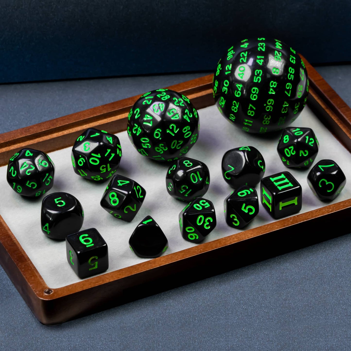 Poludie 15 Pieces Complete Polyhedral DND Dice Set D3-D100 Spherical D&D Dice Set with Dragon Eye Dice Bag, D100 Dice for Dungeons and Dragons, RPG Table Games(Black w/Green Numbers)