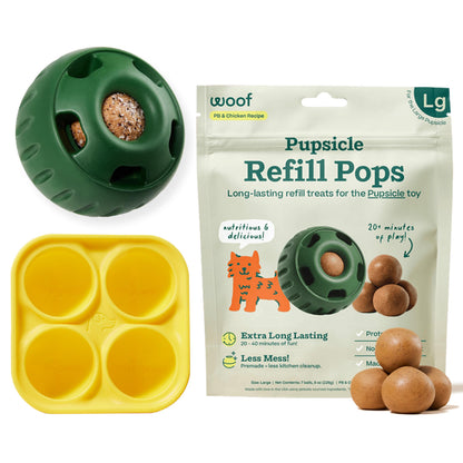 WOOF Starter Pack - Interactive Dog Toys for Boredom - Dog Treat Molds Silicone - Chicken-Flavored Healthy Treats for Dogs - Pupsicle Doggy Enrichment Toy - for Large Pups - 25-75 lbs