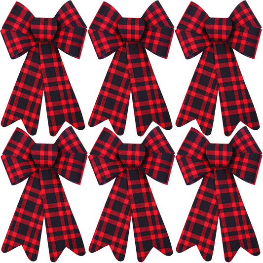 Aneco 6 Pieces Red Buffalo Plaid Christmas Bows for Holiday Wreaths, Xmas Velvet Decoration, Party
