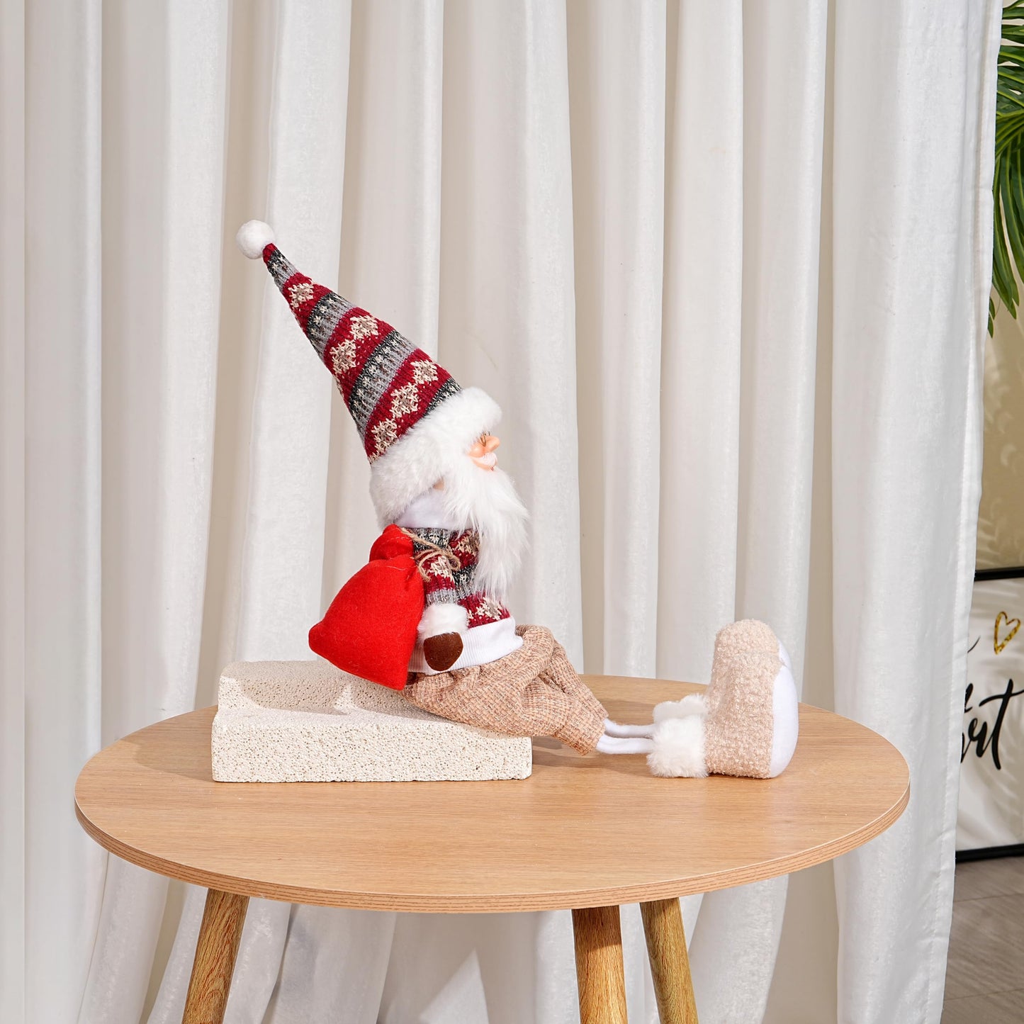 Dedrian11 23.6’’ Christmas Sitting Santa Shelf Sitter Decor, Long Dangling Legs, Poseable Wired Hat & Arms, Nordic Knit Sweater, Mantel Shelf Tabletop Ornament, Weighted Bottom