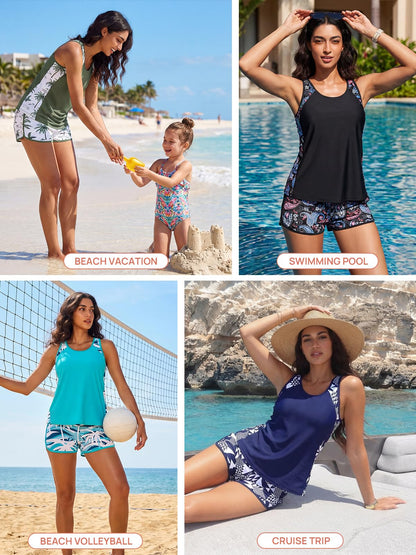 Summer Mae Plus Size Tankini Swimsuits for Women 2026 Tummy Control Two Piece Bathing Suits with Pockets Swim Shorts Cube Size 22 Plus
