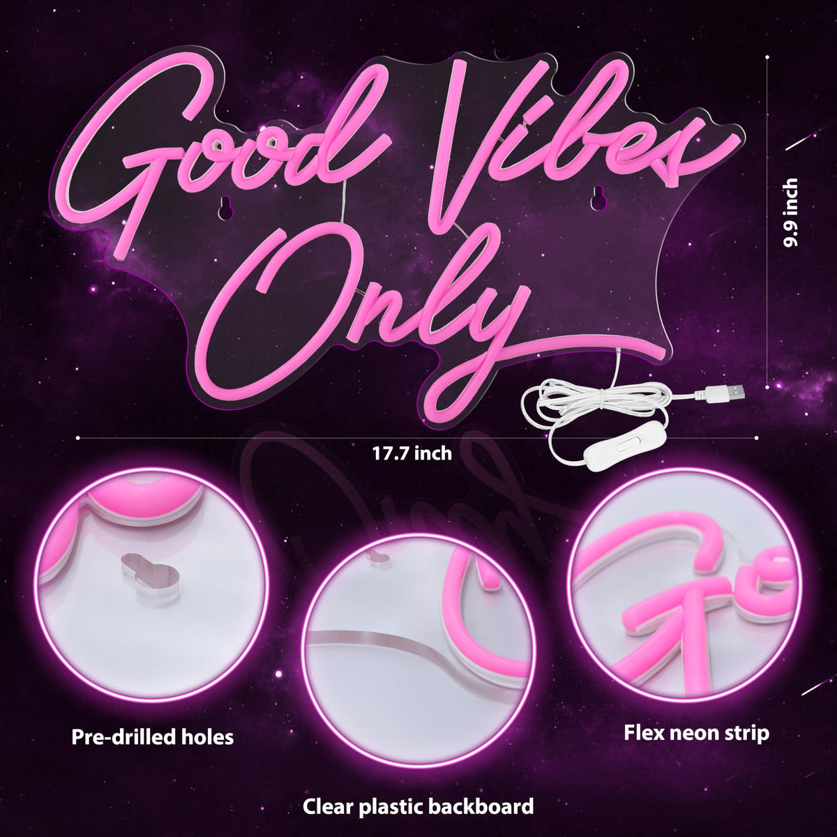 Kavaas Good Vibes Only Neon Signs for Wall Decor 17.7" x 9.9" | Pink Good Vibes Only LED Sign for Bedroom, Party, Bar, Salon - Best Gifts for Birthday, Christmas