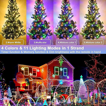 Hezbjiti 403FT 1000LED Color Changing Christmas Lights Outdoor, 11 Modes String Lights IP44 Waterproof Fairy Lights for Party Wedding Tree Decorations (Multicolor to Warm White, Clear Wire)