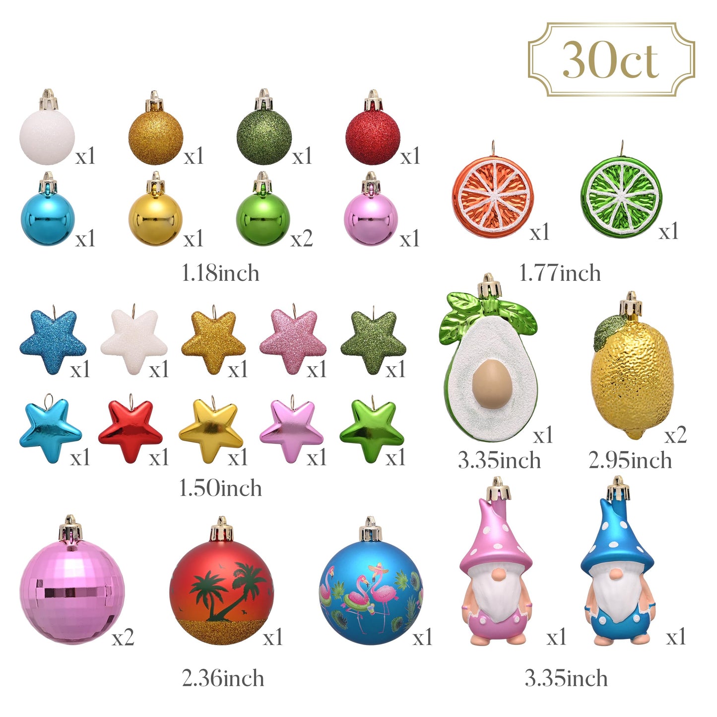 Valery Madelyn 30ct Summer Tree Ornaments Christmas in July Decorations, Coastal Beach Ocean Theme Set with Flamingo, Gnome, Avocado, Lemon & Palm Tree. Shatterproof Balls for Hawaiian Tropical Party
