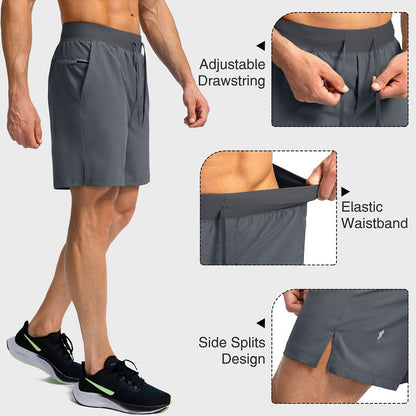 Soothfeel Men's Running Shorts with Zipper Pockets 7 Inch Lightweight Quick Dry Gym Athletic Workout Shorts for Men (Grey, 3XL)