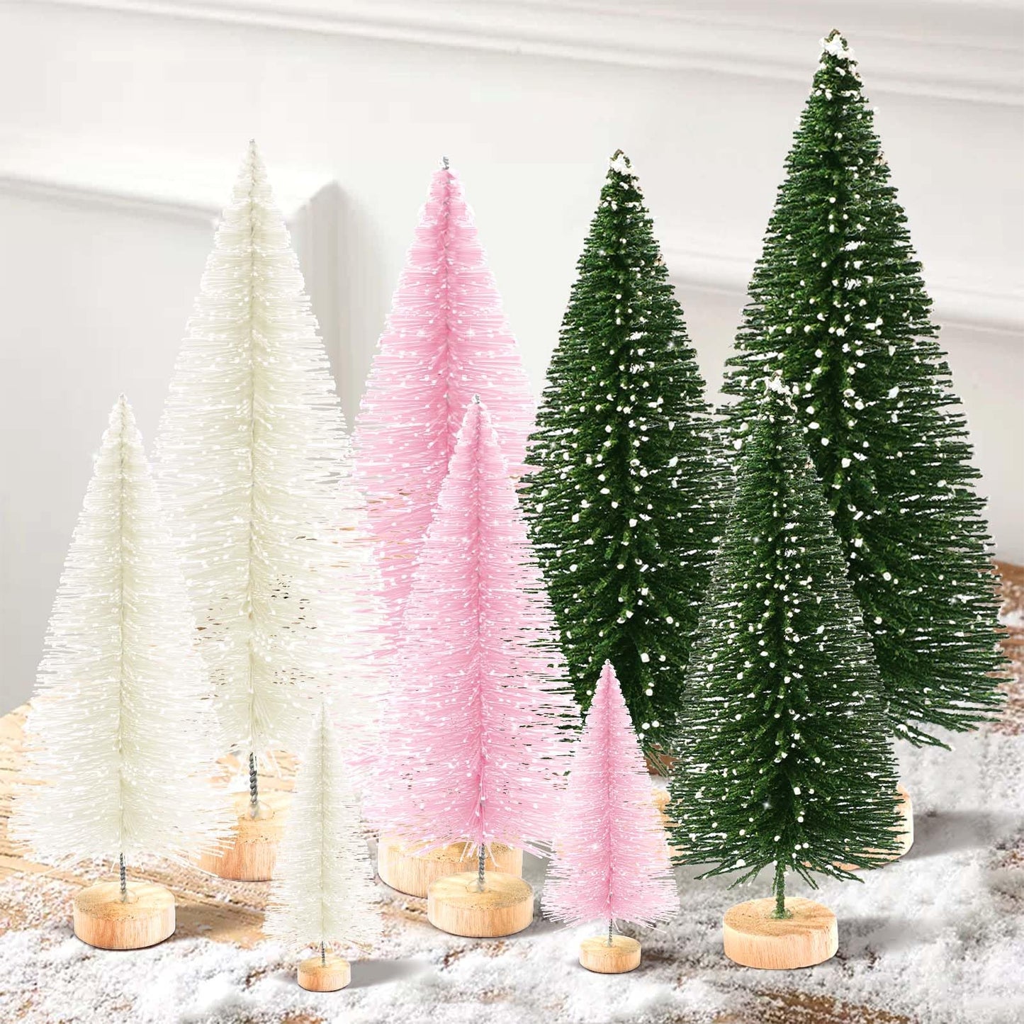 9Pcs Mini Christmas Trees Christmas Decor Artificial Christmas Decorations with 4 Sizes, Christmas Tree Bottle Brush Trees Christmas Table Decorations (Green Beige Pink)