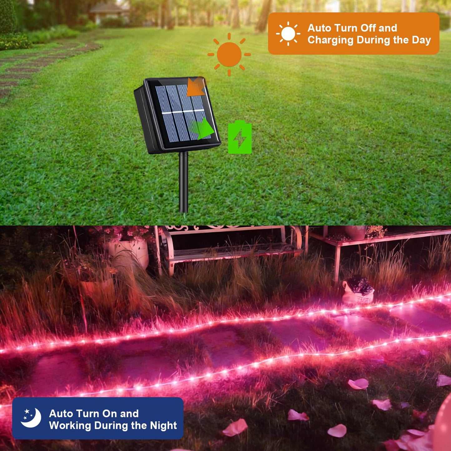 QITONG Pink Solar Rope Lights Outdoor, 2 Pack Each 33ft 100 LED String Light, 8 Modes Fairy Lights in Clear Thin Tube with 8 Modes