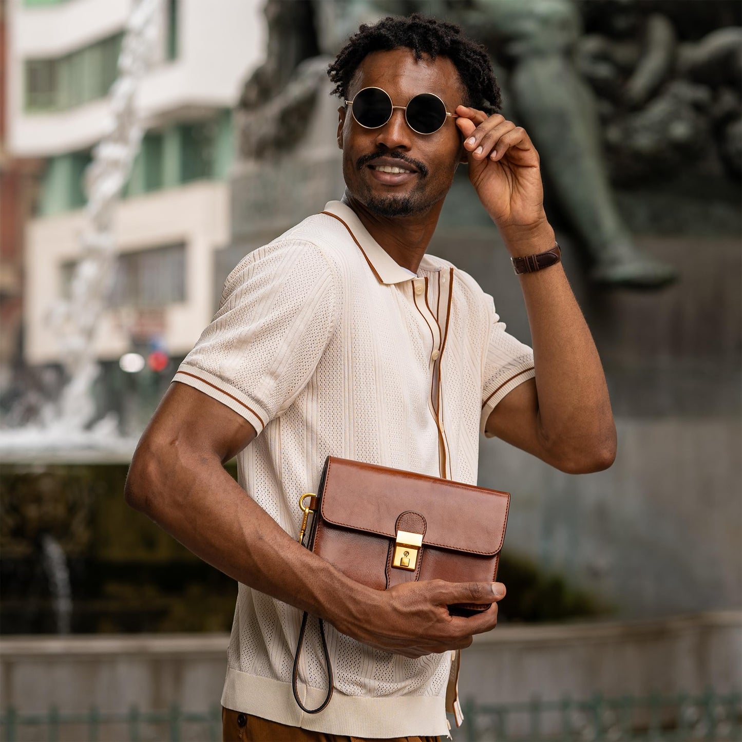 Time Resistance Leather Clutch - Organizer Bag for Men - Wrist Bag - Briefcase Handmade in Italy (Cognac Brown) - Handbag for Men - Gift Box Included