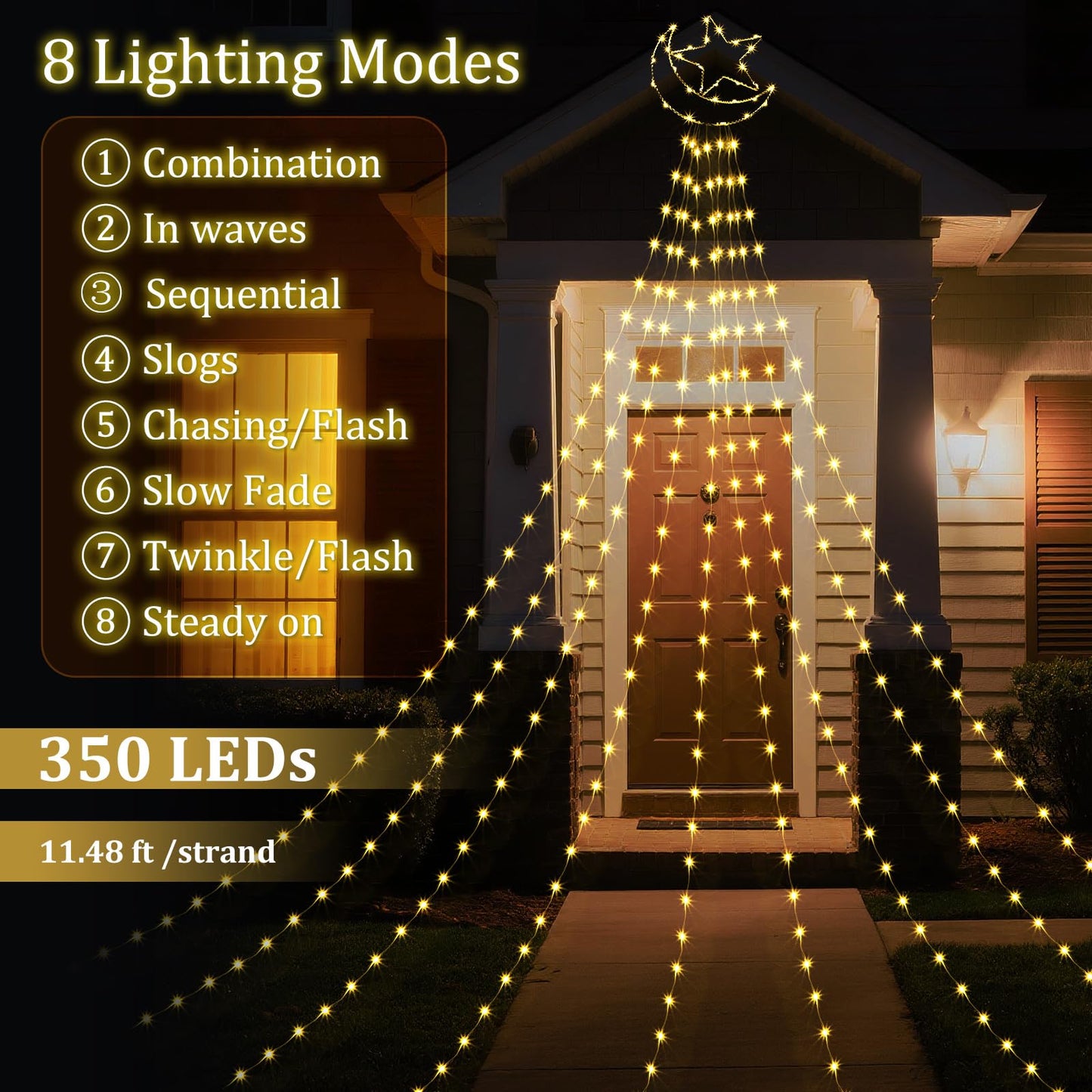 Glooglitter Ramadan Mubarak Eid Moon Star Lights Outdoor Decor 11.5ft Warm LED Waterfall Lights Extension Cord USB Powered for Tree Outside Yard Garden Patio Wall Porch Decorations