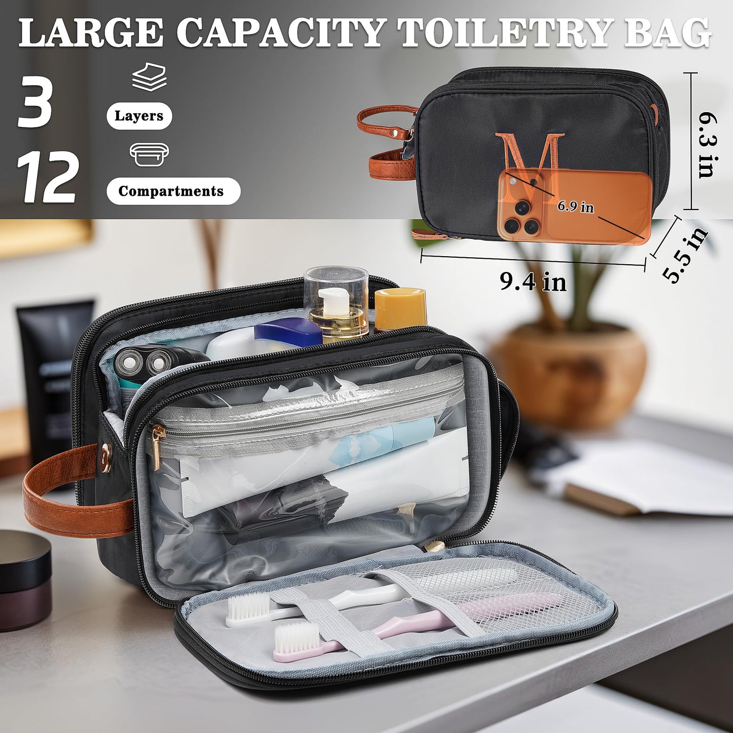 YOOLIFE Travel Toiletry Bag - Toiletry Bag for Men | Fathers Dad Gifts for Husband Boyfriend, Personalized Birthday Gifts for Men, Travel Essentials Dopp Kit Letter A Black