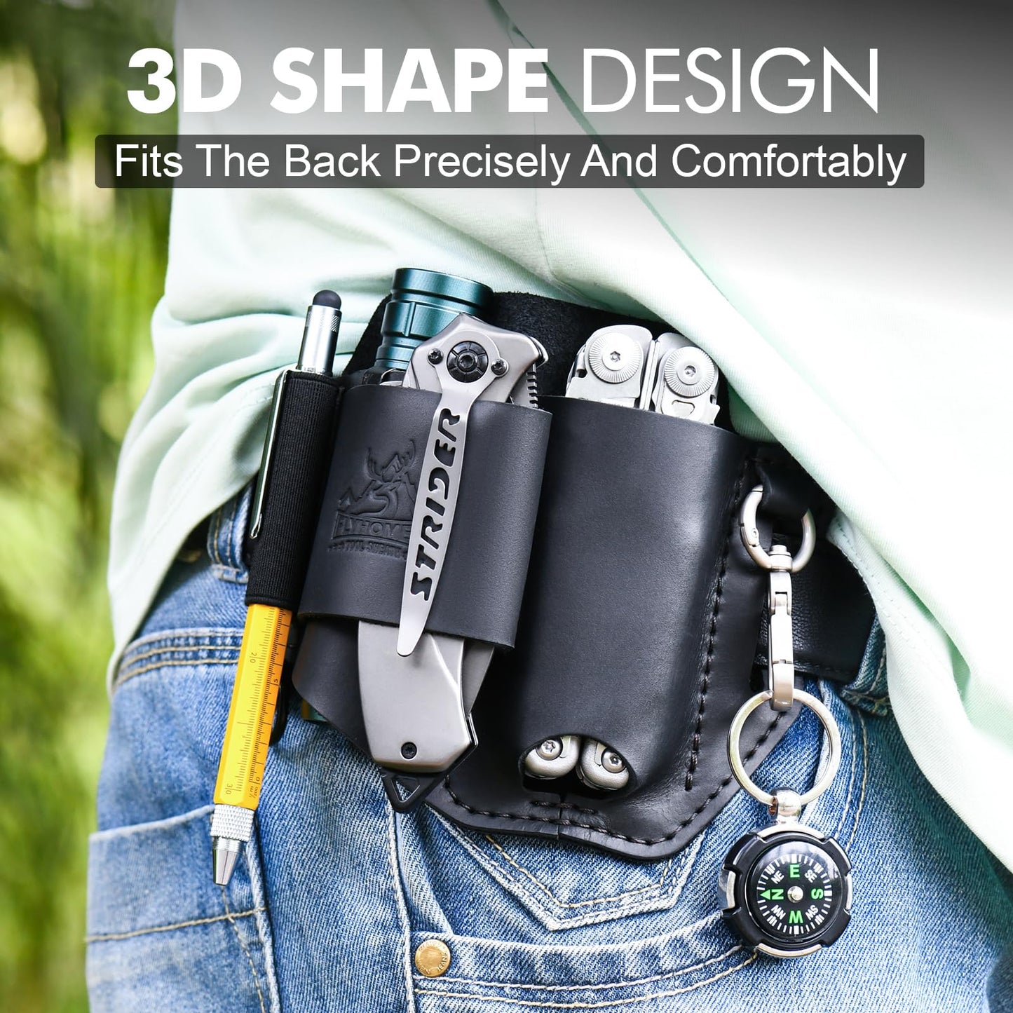 FLYHOMES Genuine Leather Multitool Sheath | Handmade Stitched EDC Belt Organizer for Leatherman Surge | Flashlight, Knife Holster, Pen & Tools Pouch | Black (Large)