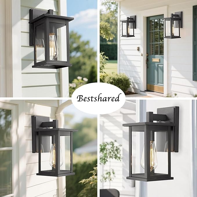 Bestshared Outdoor Wall Sconce, Exterior Lighting Fixture, Anti-Rust Outdoor Wall Mounted Light, Black Carriage Lantern Lamp, Outside Porch Light with Clear Glass for Home, Garage (Black, 1 Pack)