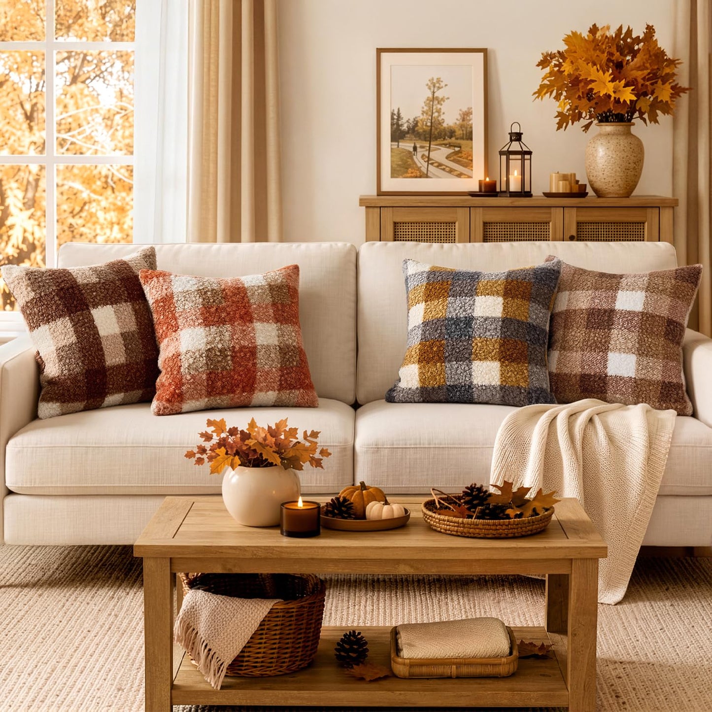MIULEE Fall Plaid Pillow Covers 12x20 Inch Set of 2, Decorative Boucle Faux Fur Check Lumbar Throw Pillow Covers Fluffy Pillowcases for Farmhouse Living Room Sofa Bed Home Decor,Orange