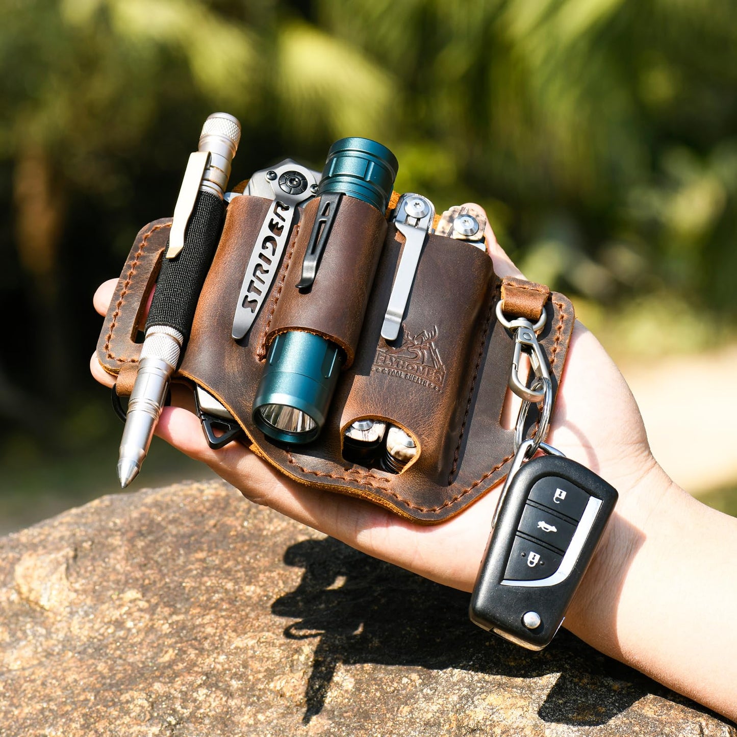 FLYHOMES Premium Full-Grain Genuine Cowhide Leather Multitool Sheath | Handmade Stitched Belt Organizer for Leatherman, Flashlight, Pen & EDC Tools | Multi-Tool Holster Pouch with Keychain Clip