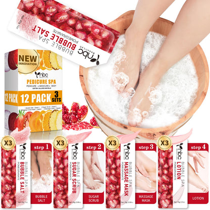 Pedicure Kit Foot Soak Set: Bubble Salt, Sugar Scrub, Massage Mask, Massage Lotion in a Box, 4 Step Foot Spa Kit for Dry Feet,Tired Feet（3 Set Tropical Fruit)