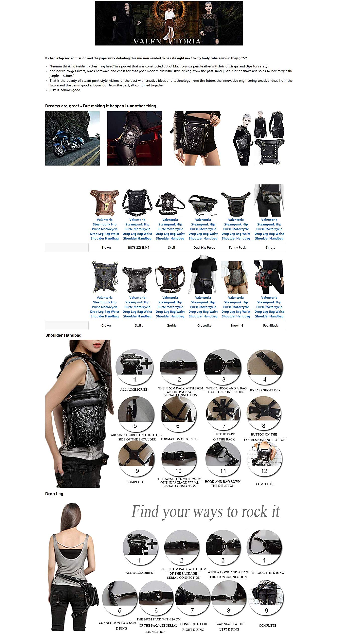 Steampunk Waist Bag Fanny Pack Fashion Gothic Leather Shoulder Crossbody Messenger Bags Thigh Leg Hip Holster Purse Travel Pouch Hiking Sport Chain Bags for Women Men brown