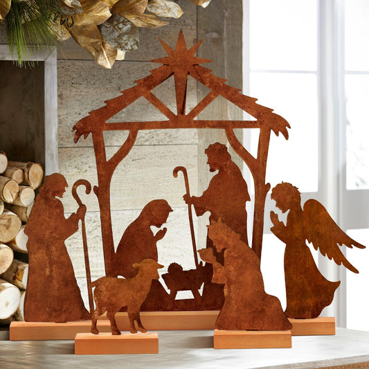 5pcs Metal Rusty Christmas Nativity Sets Vintage Christmas Decorations Indoor Scene Farmhouse Rustic Nativity Set for Room Mantel Fireplace Shelf