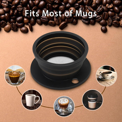 2-Packs Travel Collapsible Paperless Pour Over Coffee Dripper Kit with Stainless Steel Filter, Travel Pour Over Coffee Maker Camping, Silicone Coffee Strainer Pour Over Single Cup (Brown+Black)