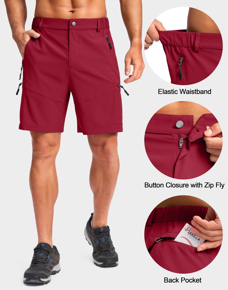 Pudolla Men's Hiking Cargo Shorts Lightweight 7" Travel Casual Shorts for Men Golf Work Outdoor with 5 Zipper Pockets(Red Large)