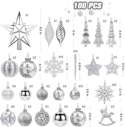 SHareconn 100pcs Christmas Tree Decorations Ornaments Set, Shatterproof Plastic Baubles Decorative Balls for Xmas Tree Decor Holiday Wedding Party, Sliver
