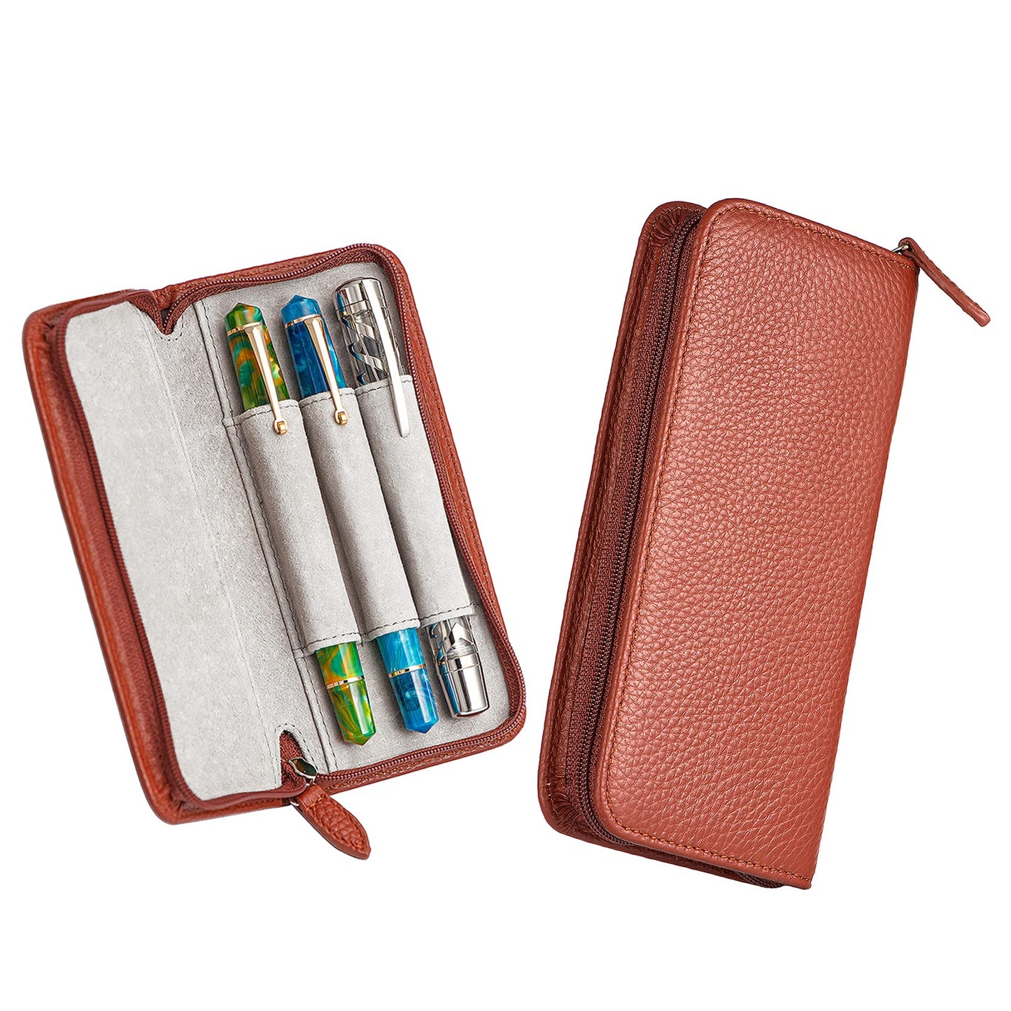 Lanxivi Genuine Leather Fountain Pen Case 3 Divided Slots Coffee Color, Zippered Pen Case Pouch, Handmade Display Holder for Rollerball Pen