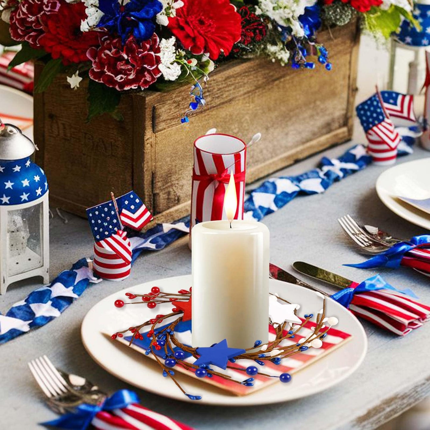 4th of July Candle Rings Set of 2-4 Inch Red White Blue Patriotic Star Candle Holders, Independence Day Table Decor Centerpiece with Stars, USA Flag Theme for Memorial Day Veterans Day