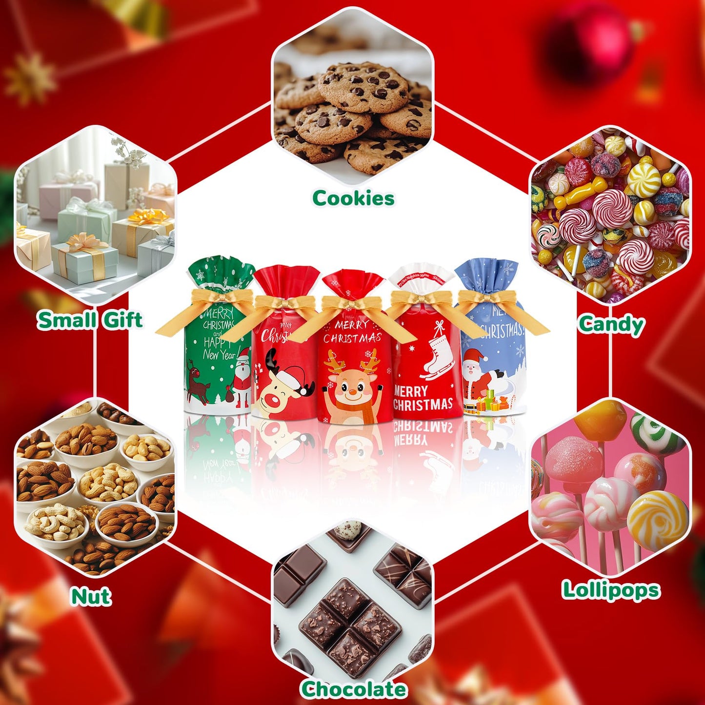 DLY 50 Pcs Christmas Candy Bag Treat Bags Candy Goodies Plastic Drawstring Gift Bags Merry Christmas Treat Bags for Birthday Party Snack