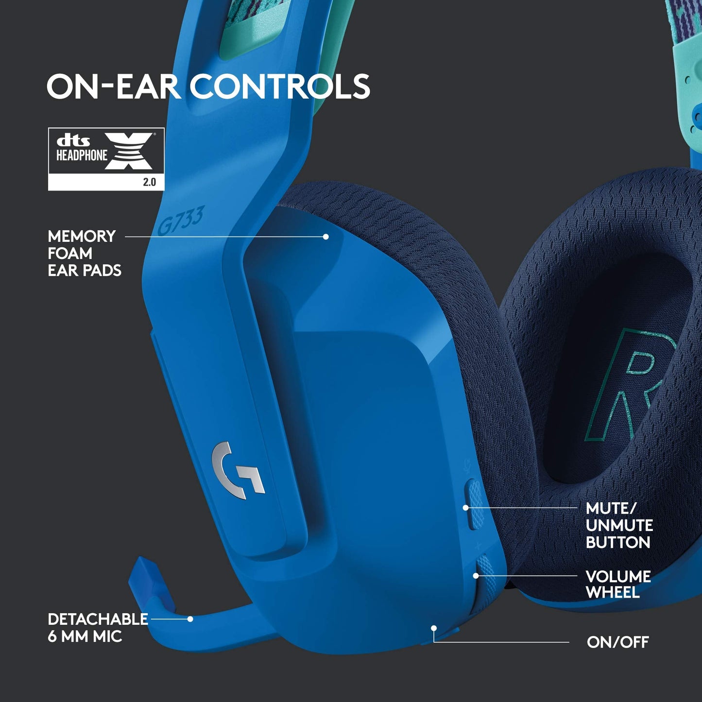 Logitech G733 Lightspeed Wireless Gaming Headset with Suspension Headband, LIGHTSYNC RGB, Blue VO!CE mic Technology and PRO-G Audio Drivers - Blue