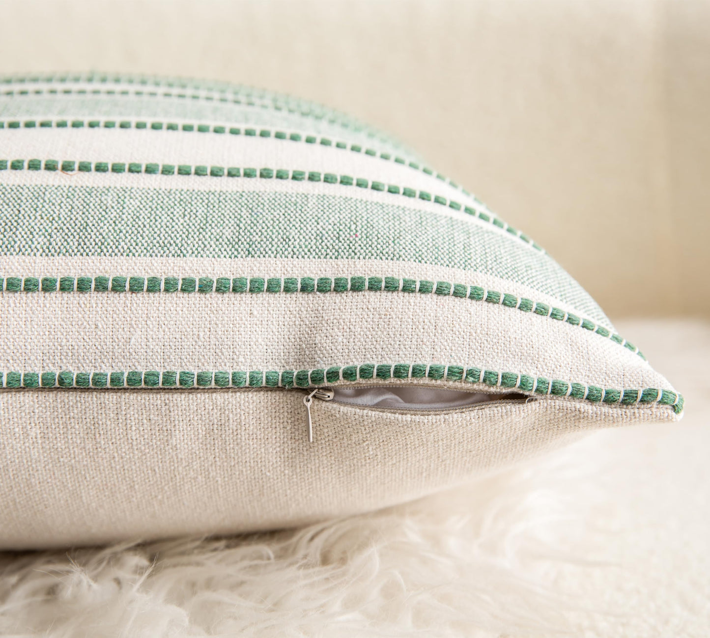 Cethom Decorative Boho Throw Pillow Covers, Farmhouse Textured Pillow Case, 20 x 20 Inch Set of 2, Chair Sofa Bedroom Living Room Home Decor Couch Cushion Case, Green and Beige Striped
