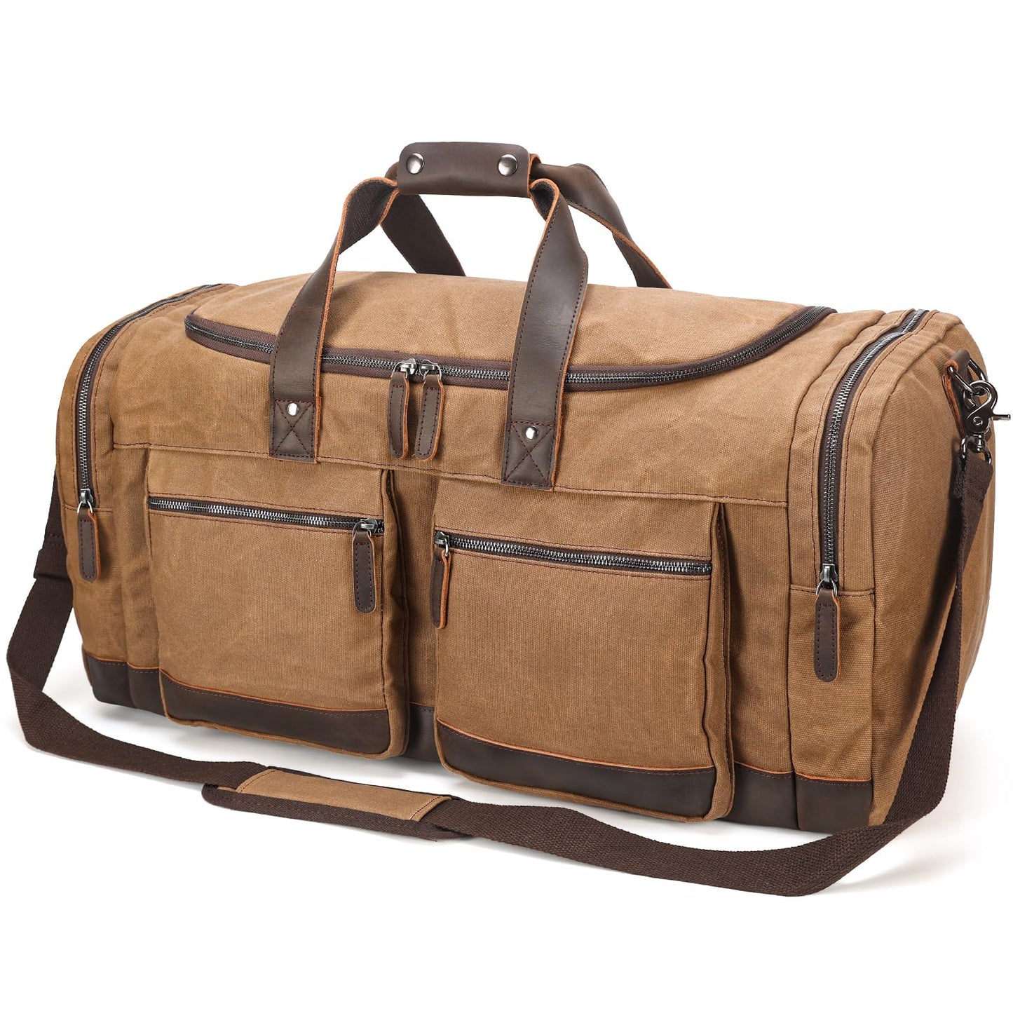 Polare 26” Waxed Canvas Cowhide Leather Waterproof Travel Duffel Bag Trim Luggage Weekender Overnight Carry on Hand Bag (Brown-26")
