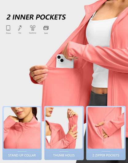 G Gradual Women's UPF 50+ Lightweight Athletic Jacket Sun Protection Zip Up 4 Pockets Long Sleeve Shirts Workout Running, Pink Coral, M