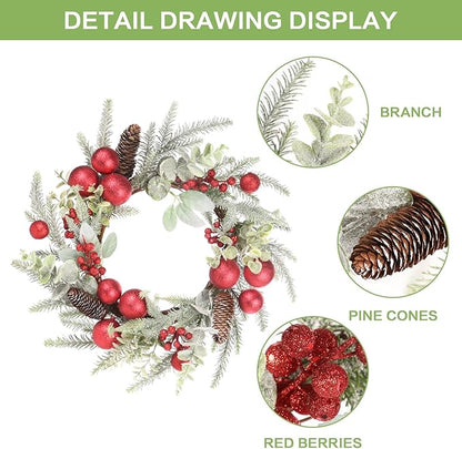 Super Holiday Christmas Wreath, 20Inch Artificial Wreaths for Front Door Christmas Decorations with Wreath Hanger, for Indoor Outdoor Home Hoilday Party Wall Decor - Red