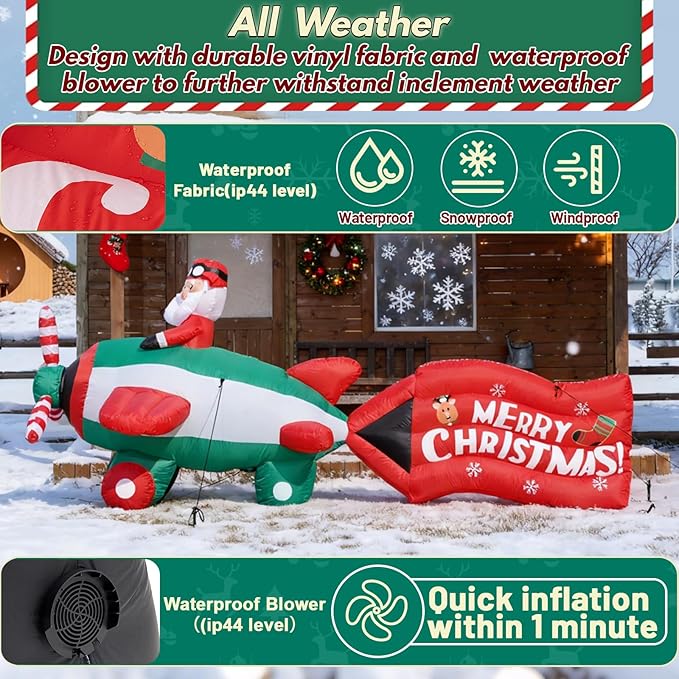 10.5FT Christmas Inflatables Santa on Airplane with Rotating Propeller & LED Lights, Blow Up Outdoor Indoor Decor for Christmas Yard Garden Party