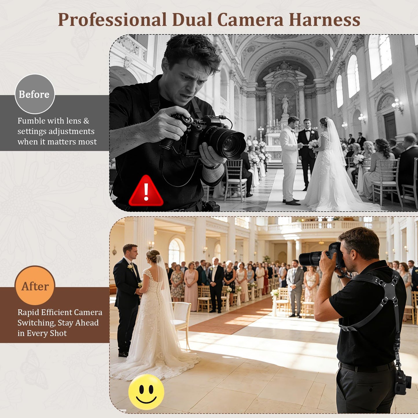 Jumyee Double Camera Harness for 2 Cameras, Adjustable Dual Shoulder Leather Camera Strap for DSLR/SLR(Black Leather)