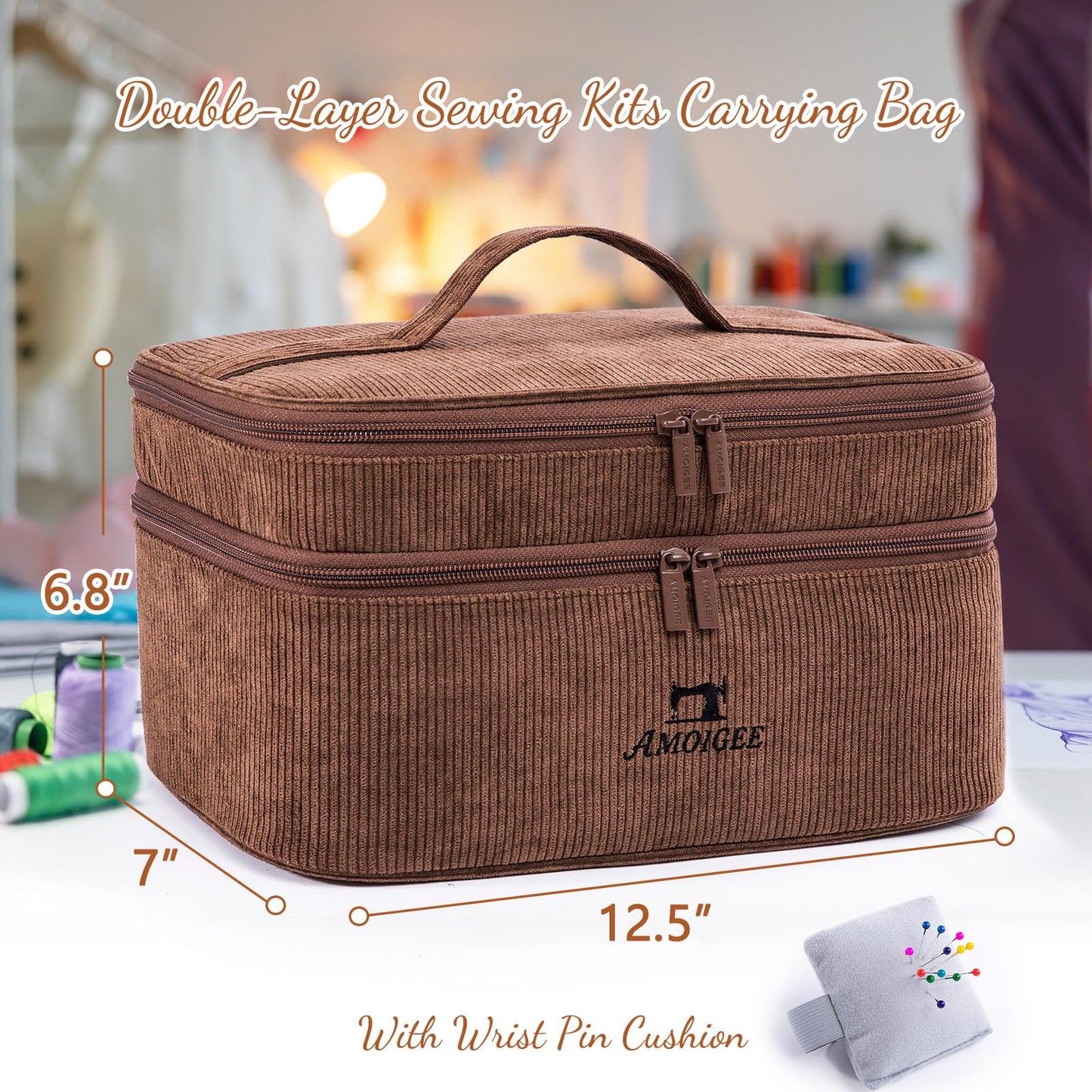 AMOIGEE Double-Layer Sewing Accessories Organizer with Pin Cushion – Large Sewing Storage Bag for Thread, Notions & Tools – Portable Travel Sewing Tote for Quilting, Embroidery & Crafts Gift (BagOnly)