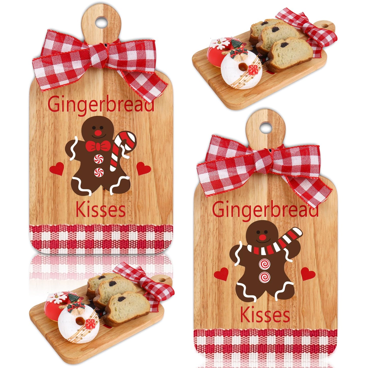 JarThenaAMCS 2 Pcs Merry Christmas Wood Cutting Board with Ribbon Gingerbread Man Kitchen Chopping Charcuterie Board Serving Platter Tray Dessert Candy Dish for Xmas Winter Home Party Gift Decor