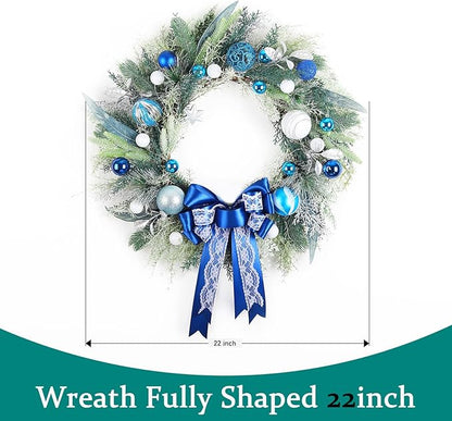 TOKCARE Prelit Christmas Wreath with Blue Bow and Ball Ornaments 22 Inch Christmas Wreath with Lights for Front Door Battery Operated Timer 40 LED Lights, Holiday Decoration for Fireplace Xmas Decor