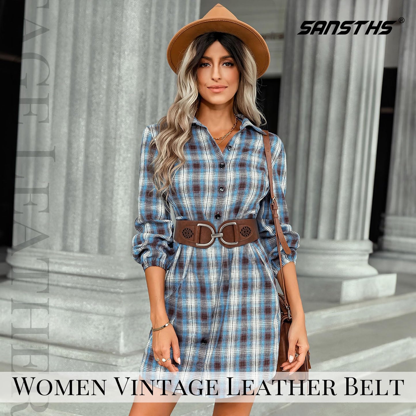 SANSTHS Vintage Women Stretchy Wide Belt Chunky Buckle Elastic Wide Waist Belts for Dresses Coats, Coffee XXL