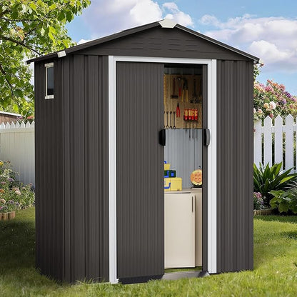 Shintenchi 5x3 FT Outdoor Storage Shed with Window, Lockable Outdoor Waterproof Tool Storage Sheds, Weather Resistant Tool Storage House Shed for Garden,Backyard,Patio Utility Tool Storage,Dark Gray