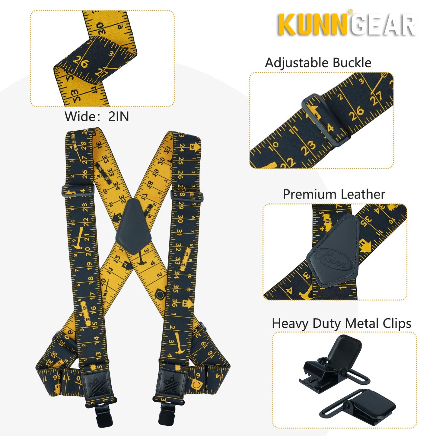 KUNN Men's Suspenders Heavy Duty 2 Inch Side Clip Adjustable Elastic Braces Truck Style Work Suspender,Black Rule