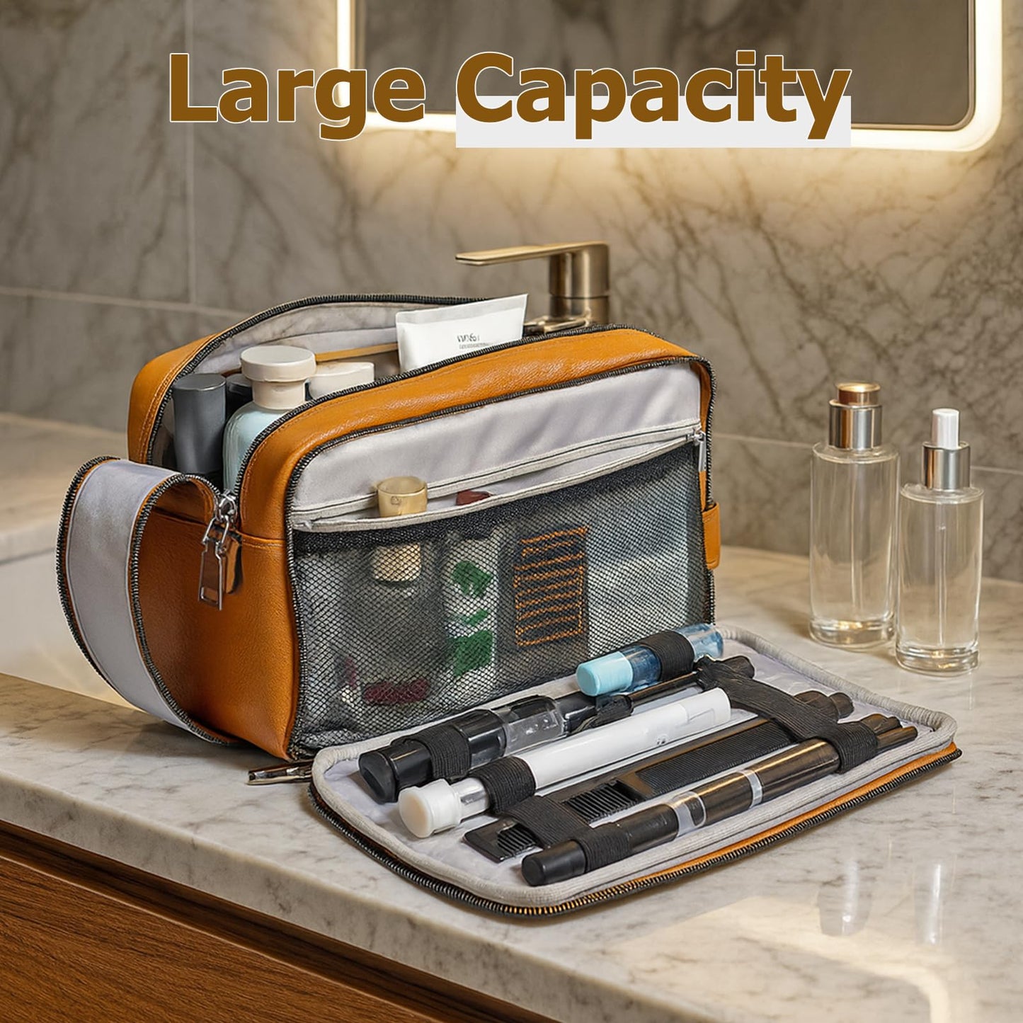 MIRASON Travel Toiletry Bag for Men Thickened Leather Travel Bag for Toiletries, Dopp Kit Water-resistant Shower Bag for Shaving Gym Bathroom Organizer Gifts for Men, Brown