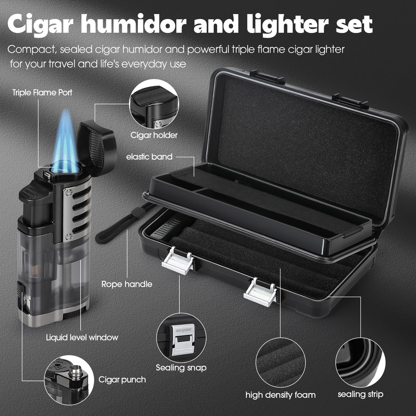 SEMKONT Cigar Humidor, Portable Travel Cigar Box, Double Cigar Humidor with Separate Storage for Cigar Accessories, Cigar Travel Case with Cigar Lighter(No Butane), Holds 5 Cigars (Black)